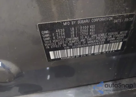 2021 Subaru Legacy из США, поврежденный, VIN 4S3BWAB60M3004035